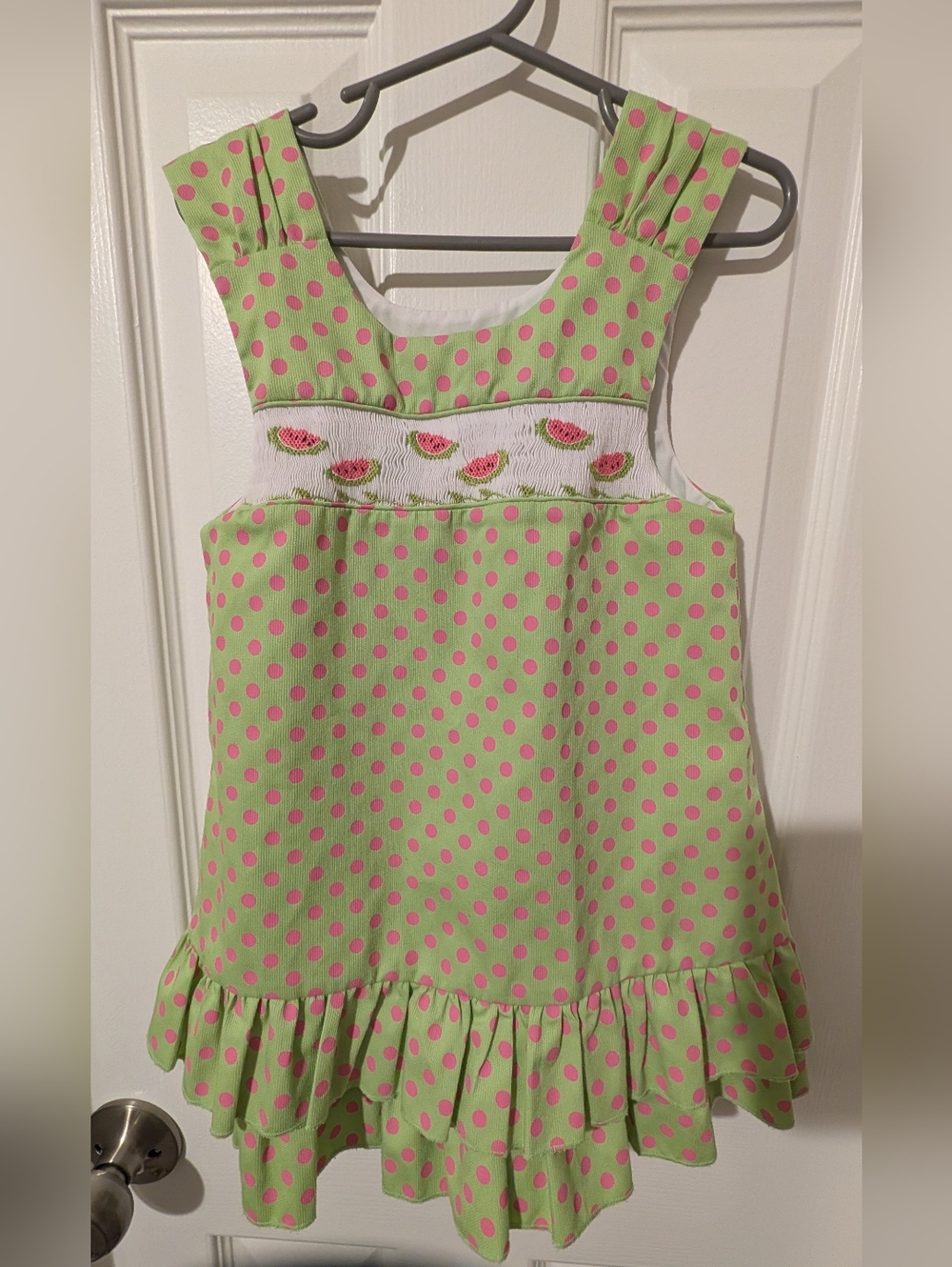 The Bailey Boys - Girl's Green Polka Dot Jumper Dress with Pink Dots Size 4